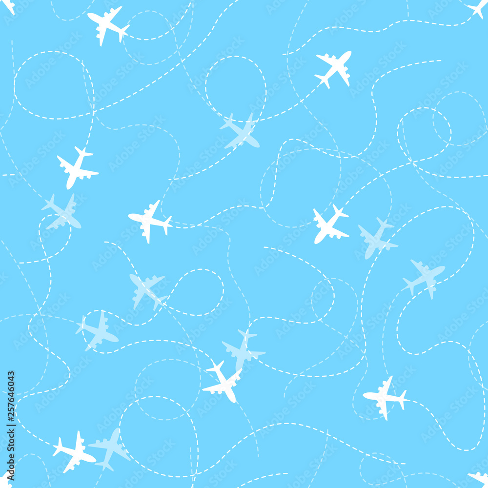 Airplane routes with dotted line, seamless pattern on blue background Airplane routes with dotted line, seamless pattern on blue background