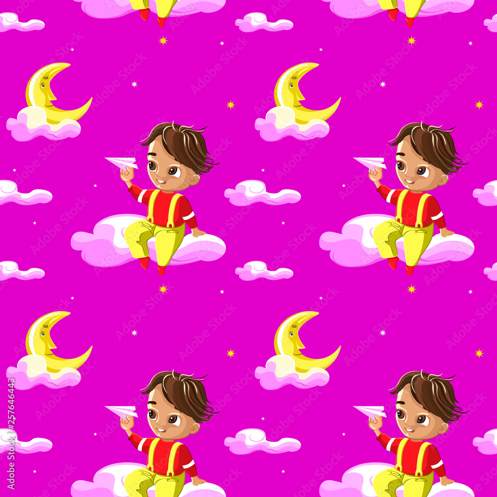 Seamless Pattern for Children with cute moon, night sky , little boy playing on clouds with a paper airplane. Creative kids texture for fabric, wrapping, textile, wallpaper, apparel. Seamless Pattern for Children with cute moon, night sky , little boy playing on clouds with a paper airplane. Creative kids texture for fabric, wrapping, textile, wallpaper, apparel.