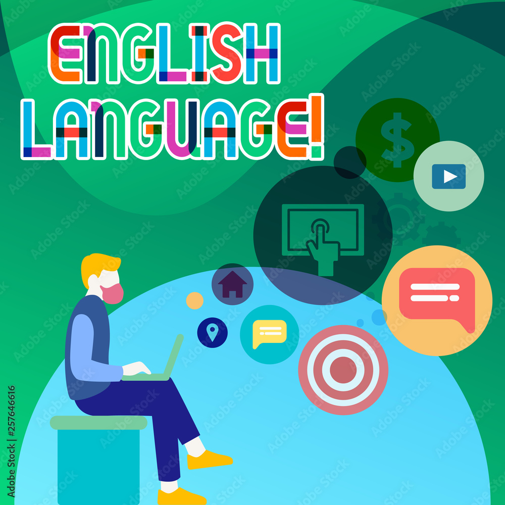Handwriting text English Language. Conceptual photo third spoken native lang in world after Chinese and Spanish Man Sitting Down with Laptop on his Lap and SEO Driver Icons on Blank Space Handwriting text English Language. Conceptual photo third spoken native lang in world after Chinese and Spanish Man Sitting Down with Laptop on his Lap and SEO Driver Icons on Blank Space