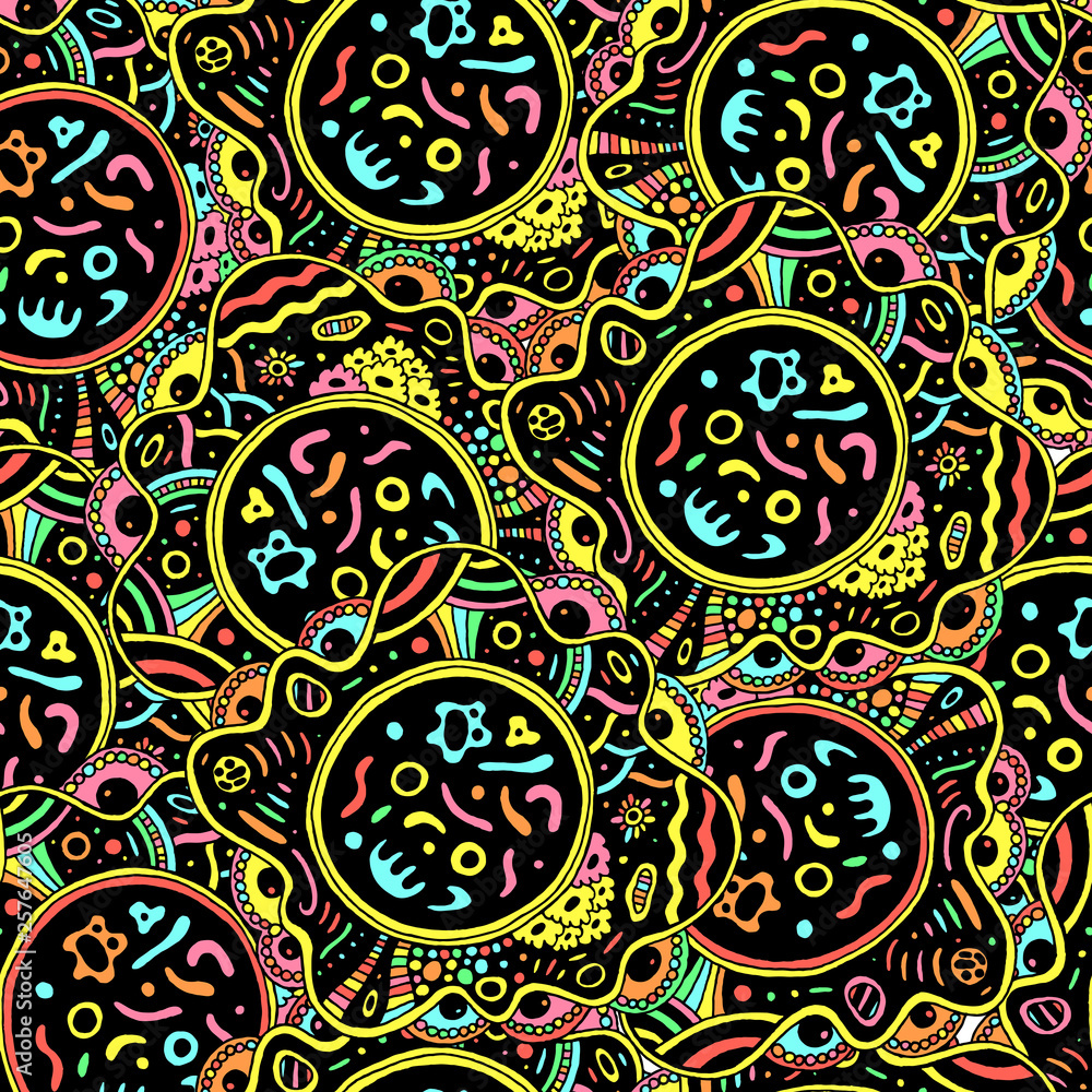 Psychedelic boho seamless pattern with abstract flowers. Vector design artwork