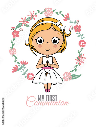 First communion card. Praying girl inside a flower frame