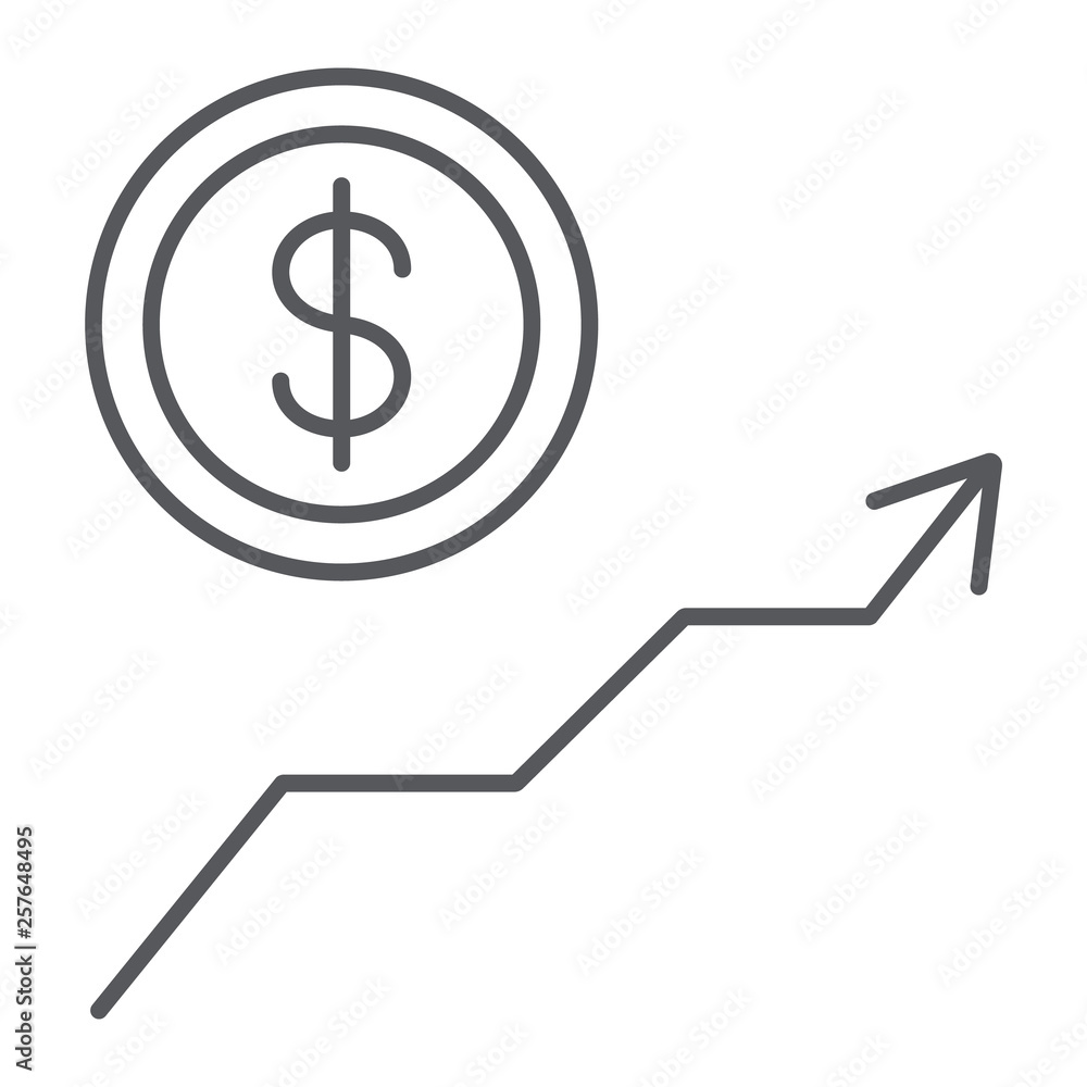 Dollar growth thin line icon, financial and graph, money increase sign, vector graphics, a linear pattern on a white background. Dollar growth thin line icon, financial and graph, money increase sign, vector graphics, a linear pattern on a white background.