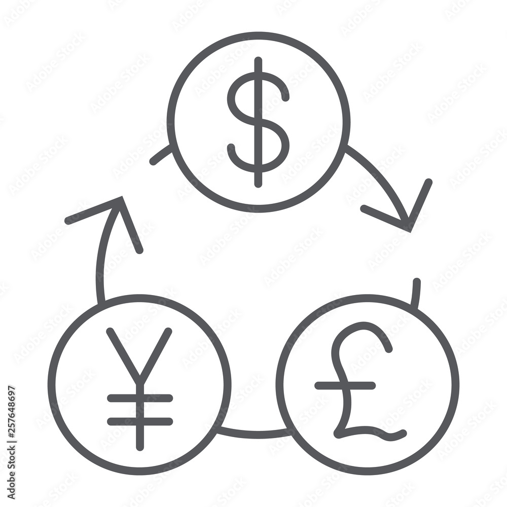 Currency exchange thin line icon, financial and bank, money sign, vector graphics, a linear pattern on a white background. Currency exchange thin line icon, financial and bank, money sign, vector graphics, a linear pattern on a white background.
