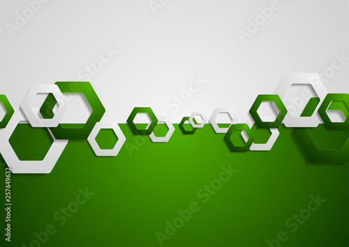 Contrast green and grey tech background with hexagons