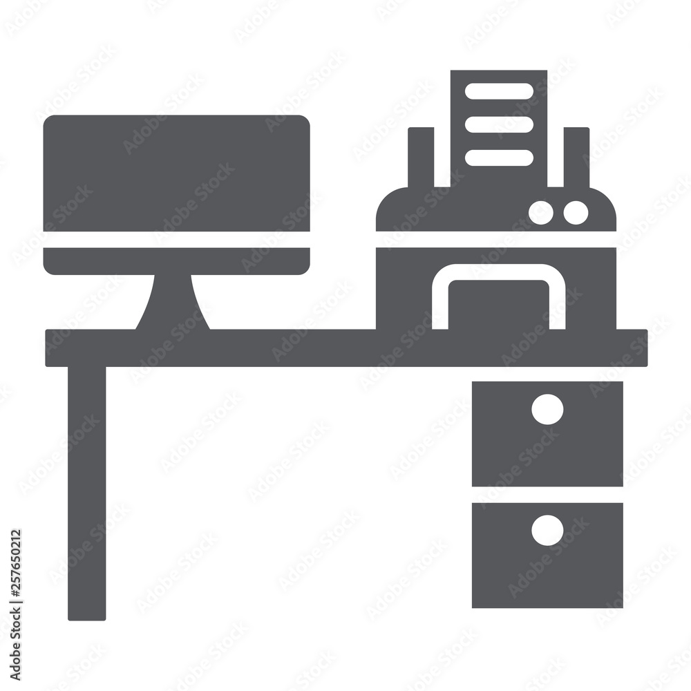 Computer desk glyph icon, office and table, workplace sign, vector graphics, a solid pattern on a white background. Computer desk glyph icon, office and table, workplace sign, vector graphics, a solid pattern on a white background.