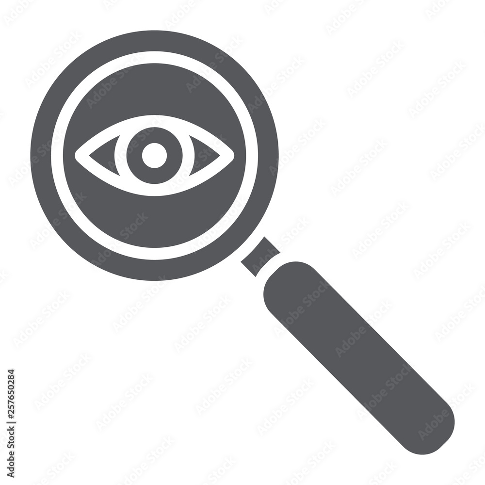Observation glyph icon, surveillance and lens, eye and magnifier sign, vector graphics, a solid pattern on a white background. Observation glyph icon, surveillance and lens, eye and magnifier sign, vector graphics, a solid pattern on a white background.