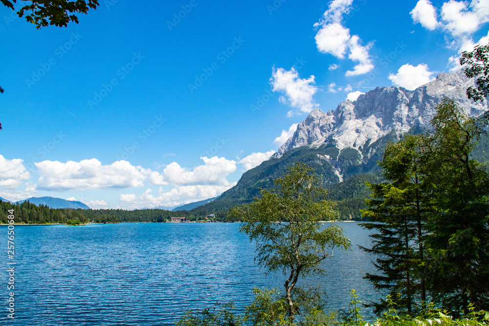 Eibsee lake at the foot of Mt. Zugspitze. Location famous resort Garmisch-Partenkirchen, Bavarian alp, Europe. Scenic image