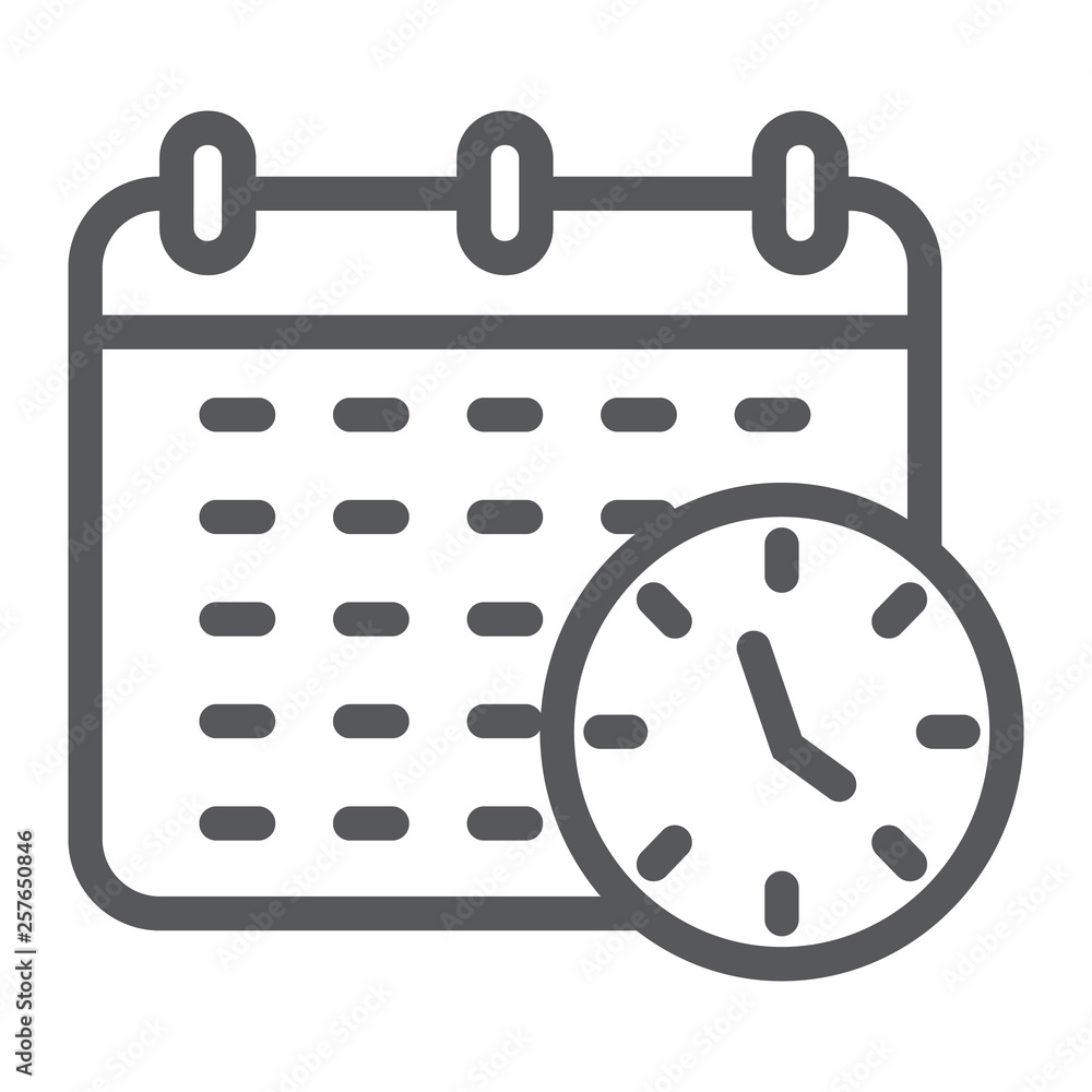 Deadline line icon, organizer and plan, calendar and clock sign, vector graphics, a linear pattern on a white background. Deadline line icon, organizer and plan, calendar and clock sign, vector graphics, a linear pattern on a white background.