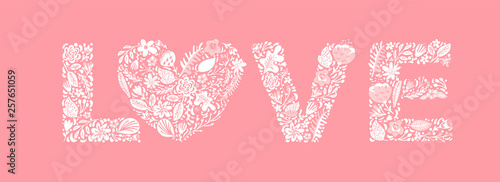 Floral summer word Love. Flower Capital wedding Uppercase letters. Pink background with white flowers and leaves. Vector illustration Grotesque scandinavian style for valentines day