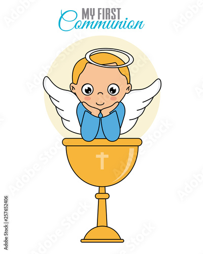 Communion card boy. Angel boy with chalice