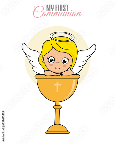 Communion card girl. Angel girl with chalice