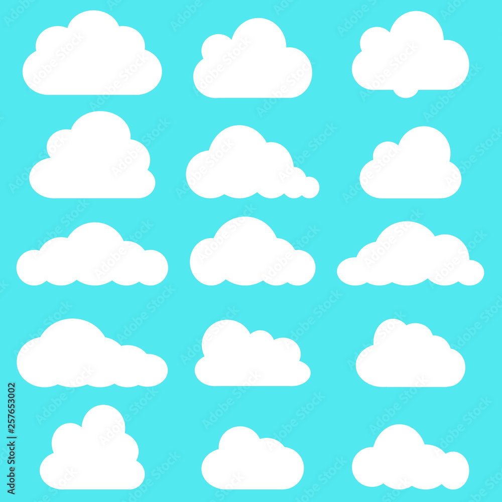 Set of clouds in blue sky. Cloud icon shape. Collection of different clouds, label, symbol. Graphic vector design element for logo, web and print.