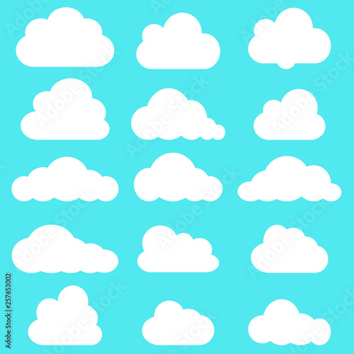 Set of clouds in blue sky. Cloud icon shape. Collection of different clouds, label, symbol. Graphic vector design element for logo, web and print.