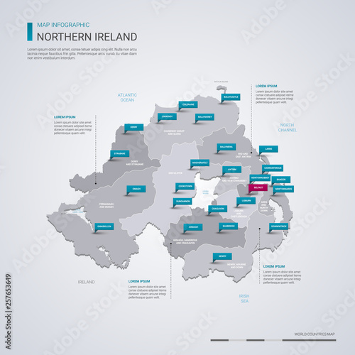 Northern Ireland vector map with infographic elements, pointer marks.