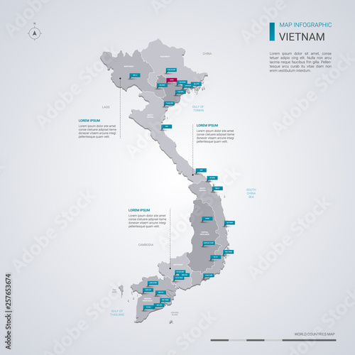 Vietnam vector map with infographic elements, pointer marks.