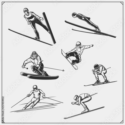Set of Winter sport athlete silhouettes. Ski jumping, downhill, slalom, skiing emblems. Print design for t-shirt. Sport club emblems.