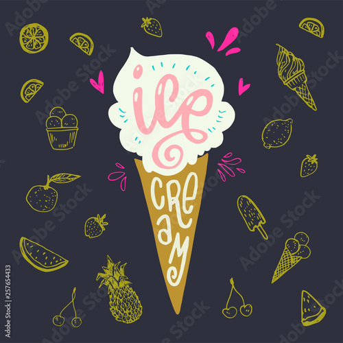 Hand drawn ice cream with lettering and doodles