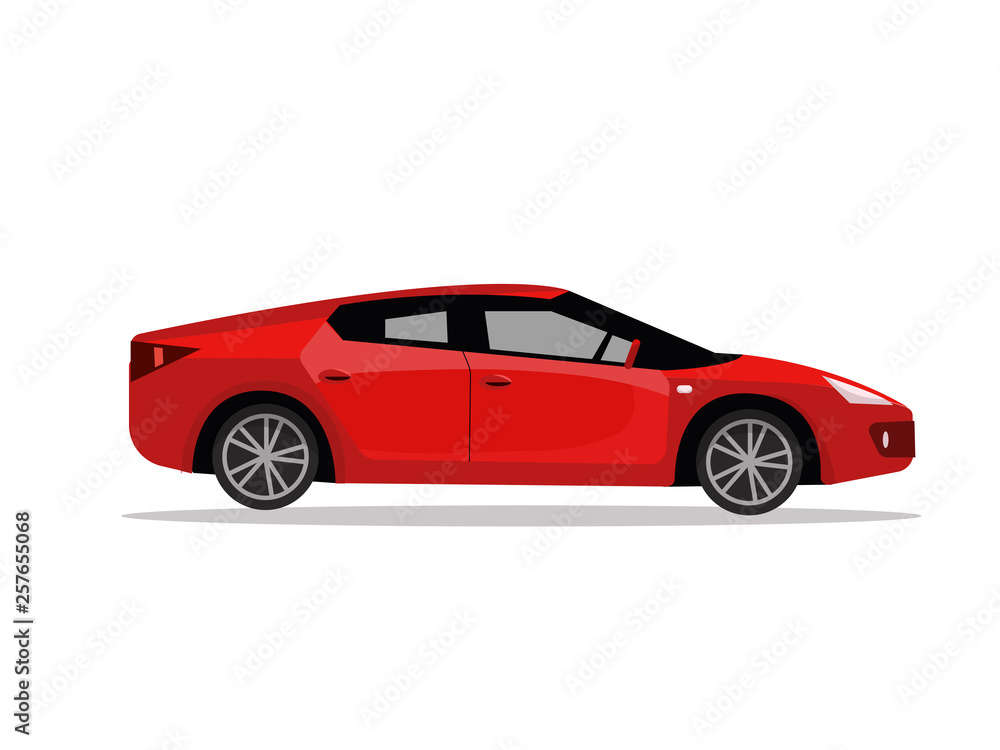 Side view of red sport car. Modern detailed car. Red sedan vehicle. Modern automobile, people transportation. Vector flat cartoon illustration isolated on white background