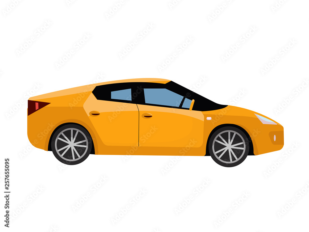 Side view of yellow city car. Modern detailed car. Yellow sedan vehicle. Modern automobile, people transportation.Vector flat cartoon illustration isolated on white background