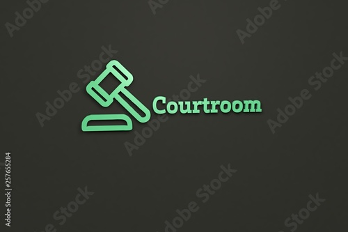 Text Courtroom with green 3D illustration and dark background