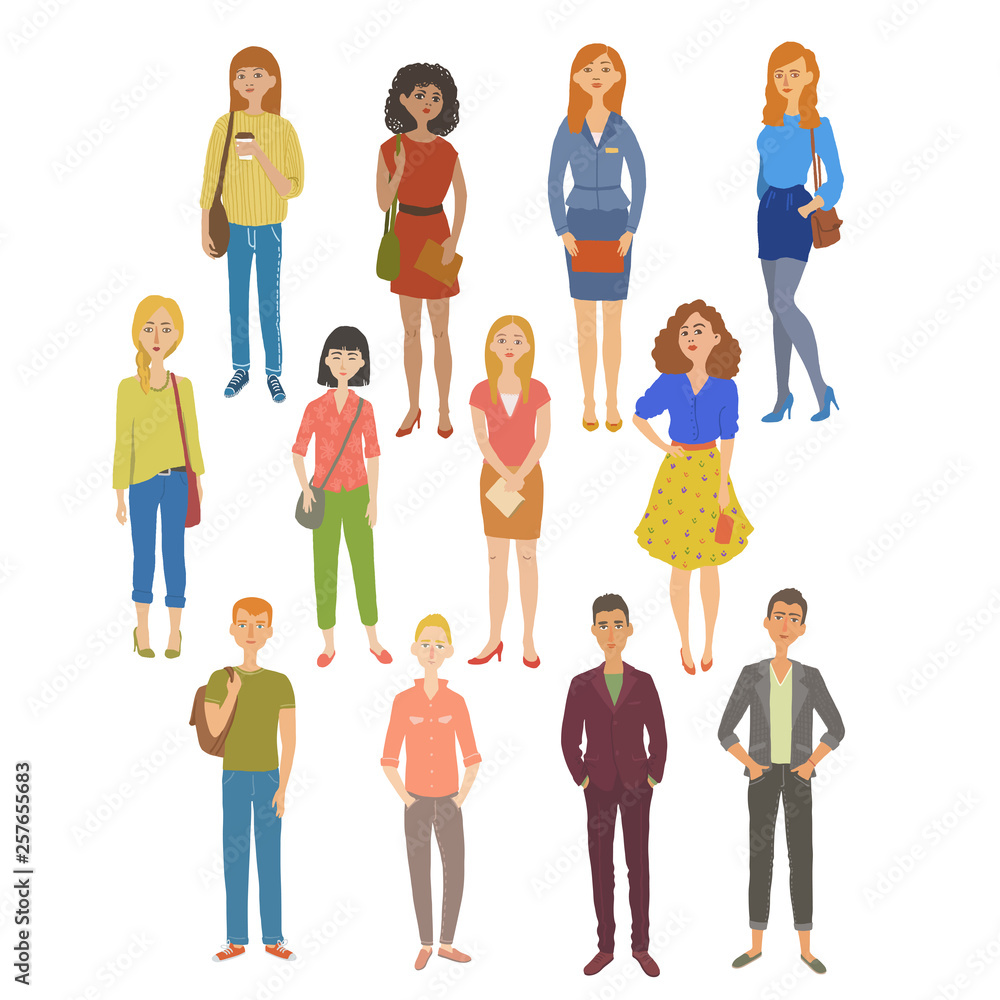Fototapeta premium a set of characters of different nationalities in different clothes in free poses. vector illustration. sketch