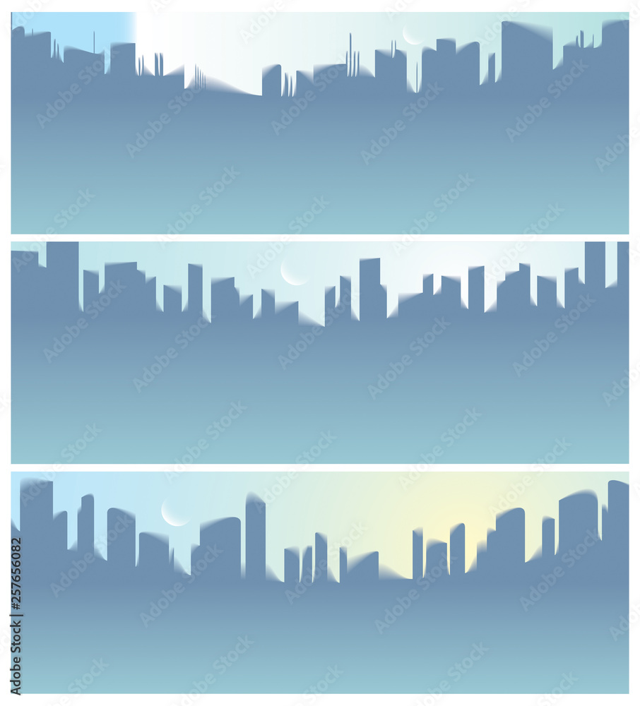 Wide panorama city skyscrapers silhouettes skyline vector illustrations set. Perfect minimal backgrounds with copy space for text.