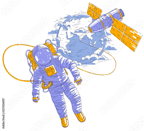 Astronaut went out into open space connected to space station and earth planet in background, spaceman floating in weightlessness and iss spacecraft with solar panels behind him. Vector.
