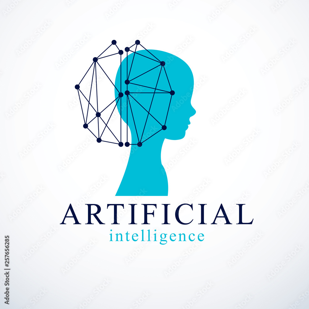 Computer human android bot, artificial intelligence concept. Human profile with electronics elements icon. Vector logo design. Smart software, idea of intelligent machines and computer programs. Computer human android bot, artificial intelligence concept. Human profile with electronics elements icon. Vector logo design. Smart software, idea of intelligent machines and computer programs.
