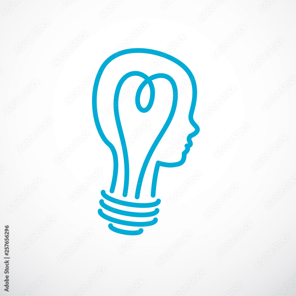 Creative brain concept, intelligent person vector logo. Light bulb in a  shape of child head profile. Bright mind, thinking and brainstorming idea  icon. Stock Vector