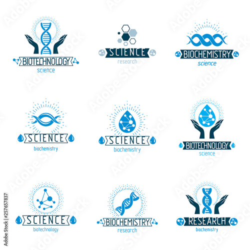 Set of vector models of molecule and human dna. Collection of corporate logotypes created in biomedical engineering, genetics, molecular genetics and biotechnology concepts.