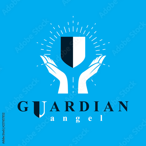 Shield vector graphic illustration, safety and security metaphor symbol. Guardian angel vector abstract emblem.