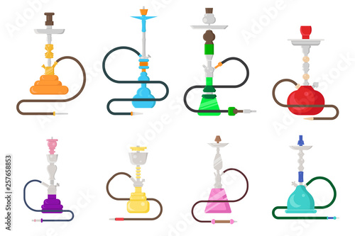 Oriental culture smoke cloud arabian cafe hookah shisha turkish aroma lifestyle set flat design vector illustration