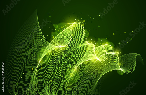 Wave of flowing magic particles over dark relaxing illustration, transparent tulle textile on wind. Round dots vector abstract background. Beautiful wave shaped array of blended points.