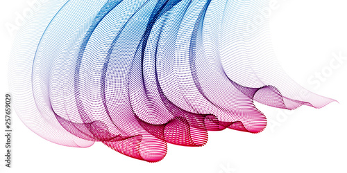 Array of particles flowing, dynamic wave transparent tulle textile on wind. 3d vector illustration. Mesh round dots, beautiful relaxing wallpaper illustration.