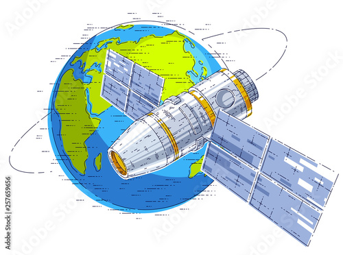 Space station flying orbital flight around earth, spacecraft spaceship iss with solar panels, artificial satellite. Thin line 3d vector illustration.