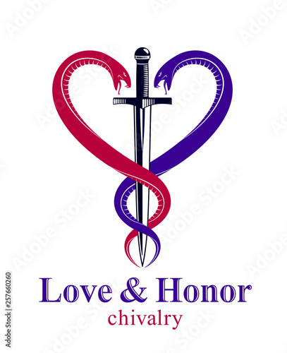 Dagger and two snakes in a shape of heart vector vintage style emblem or logo, chivalry love and honor concept, medieval Victorian style.