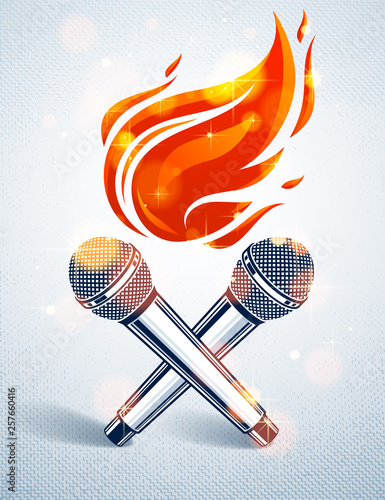 Two microphones crossed on fire, hot mic in flames, rap battle rhymes music, karaoke singing, vector logo or illustration, concert festival or night club label, t-shirt print.