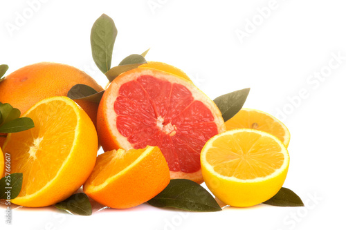 Citrus fruit. various citrus fruits with leaves of lemon  orange  grapefruit on a white isolated background
