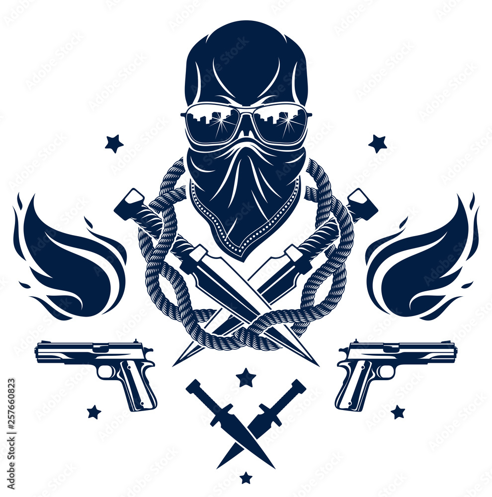 Anarchy and Chaos aggressive emblem or logo with wicked skull, weapons ...