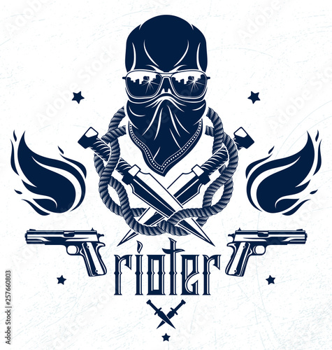 Anarchy and Chaos aggressive emblem or logo with wicked skull, weapons and different design elements , vector vintage scull tattoo, rebel gangster criminal and revolutionary.