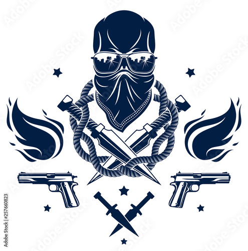 Anarchy and Chaos aggressive emblem or logo with wicked skull, weapons and different design elements , vector vintage scull tattoo, rebel gangster criminal and revolutionary.