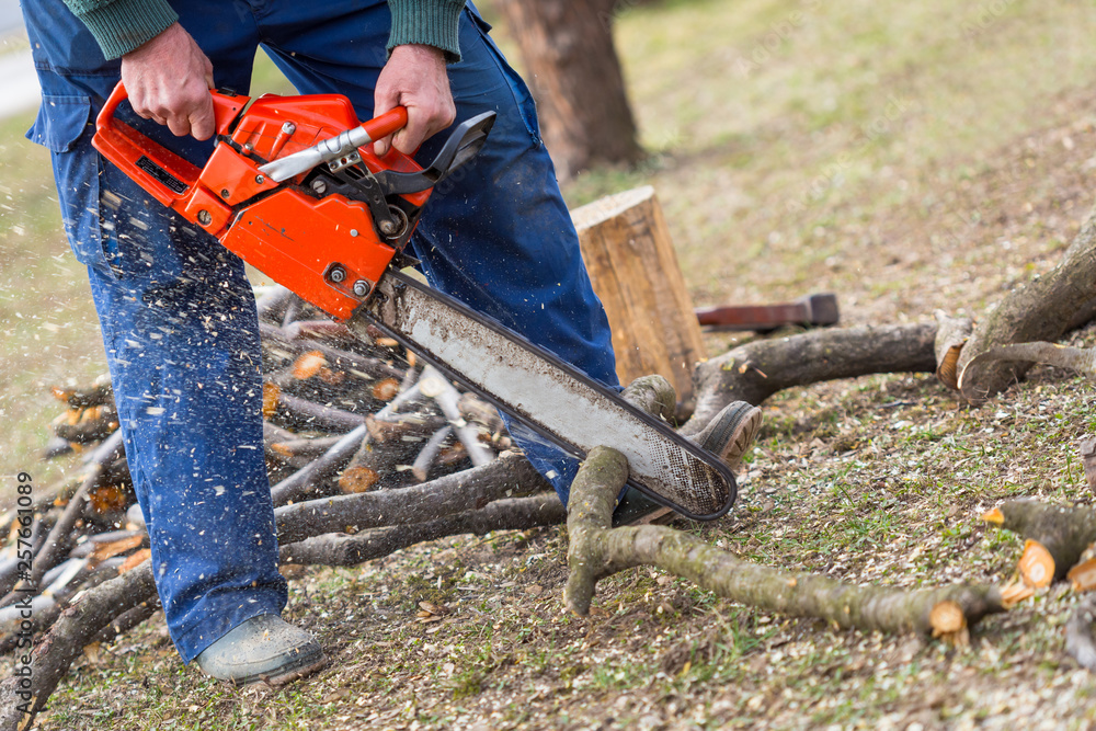Old man holding orange chainsaw with his bare hands and cutting a branch placed on the ground. Orange chainsaw in action. Old man holding orange chainsaw with his bare hands and cutting a branch placed on the ground. Orange chainsaw in action.