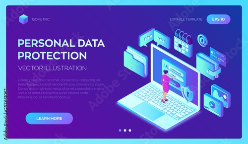 Data protection. Desktop pc with authorization form on screen, personal data protection. User female character. Data access, login form on laptop screen. 3d isometric design. Vector illustration.
