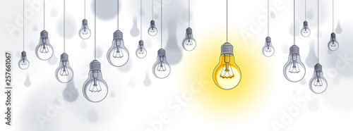 Idea concept, think different, light bulbs group vector illustration with single one is shining, creative inspiration, be special, leadership. photo