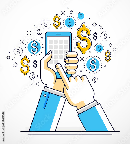 Online payments and shopping concept, man hands holding phones and using apps Internet communication and activity, , global network, marketplace, messenger, vector design.