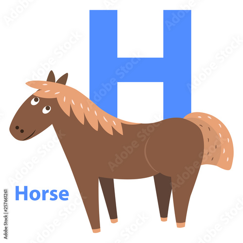 Cute brown horse on alphabet icon flat design on white background. Big letter H above cheerful equine in cartoon style. Vector illustration of primary or preschool education graphic figure for web.