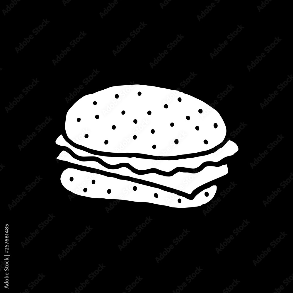 Cute cartoon hand drawn hamburger sign. Sweet vector black and white hamburger sign. Isolated monochrome doodle hamburger sign on black background. Cute cartoon hand drawn hamburger sign. Sweet vector black and white hamburger sign. Isolated monochrome doodle hamburger sign on black background.
