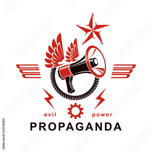 Decorative vector emblem composed with winged loudspeaker and rope. Propaganda as the means of manipulation and control, no restrictions conceptual emblem.