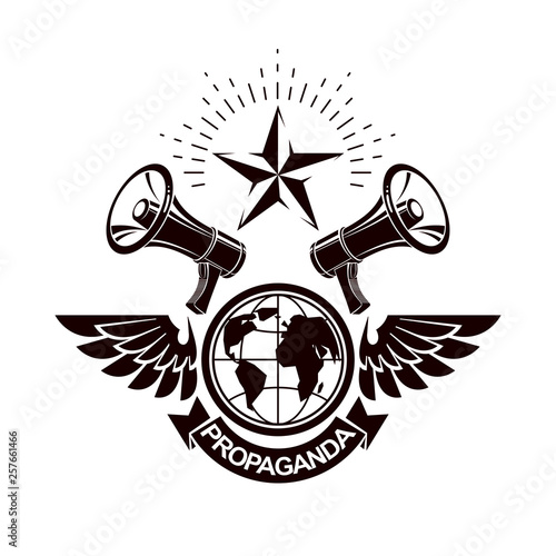 Simple vector emblem created using Earth planet illustration composed with wings and loudspeakers equipment. Propaganda as one of the methods of global psychological warfare. photo