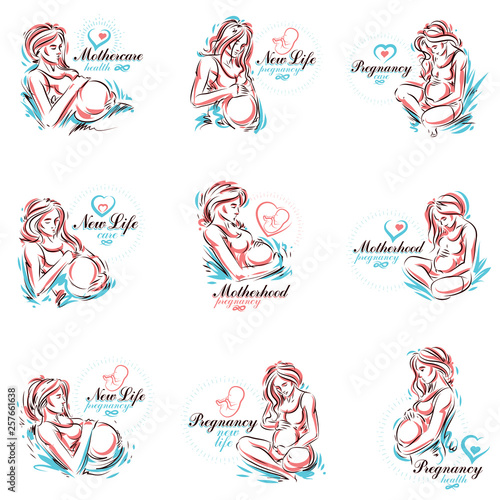 Collection of vector hand-drawn illustration of pregnant elegant woman expecting baby, sketch. Pregnancy and maternity popularization